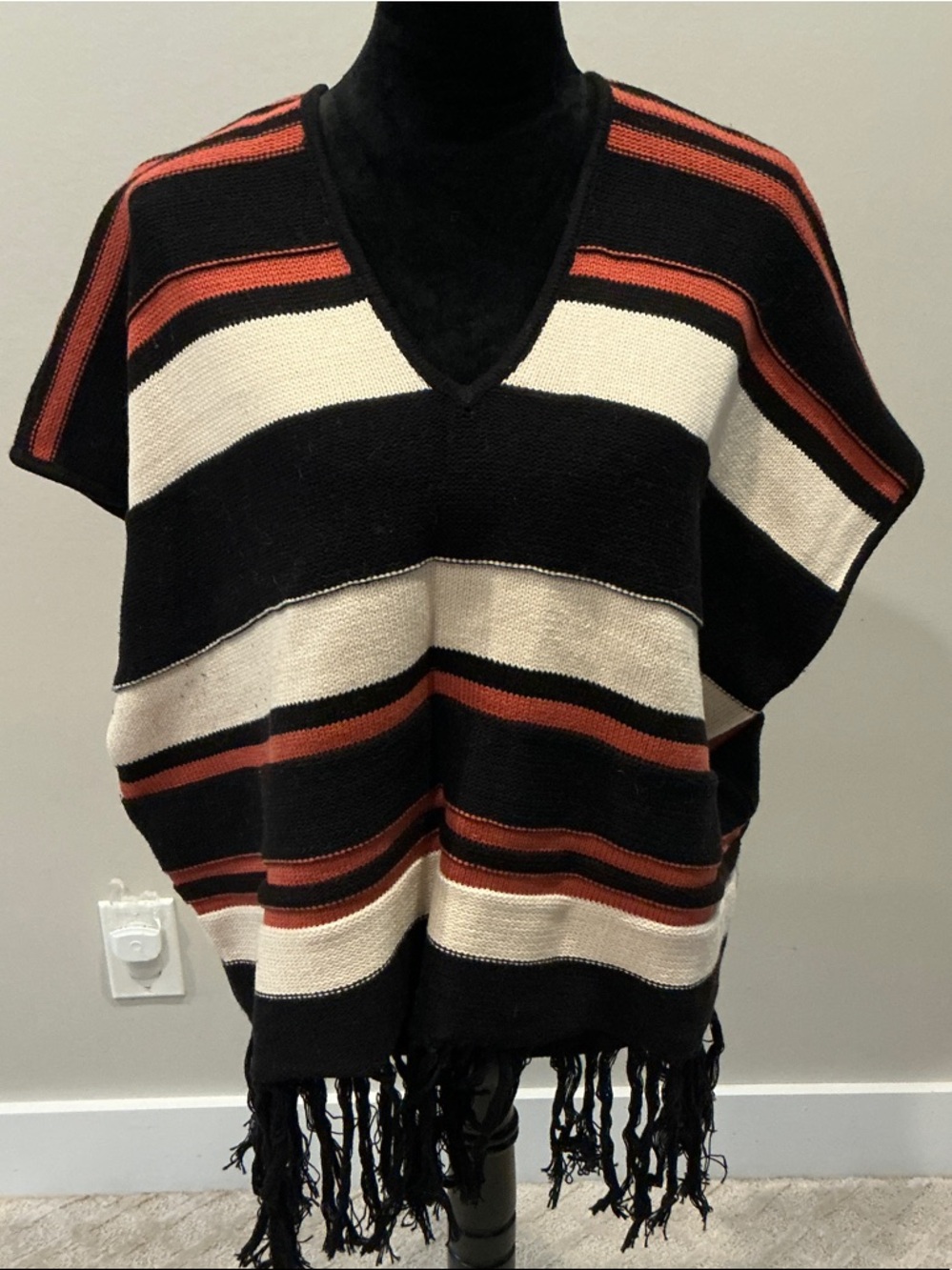 Sanctuary Black, Cream & Rust Striped V-Neck Fringe Poncho Sweater